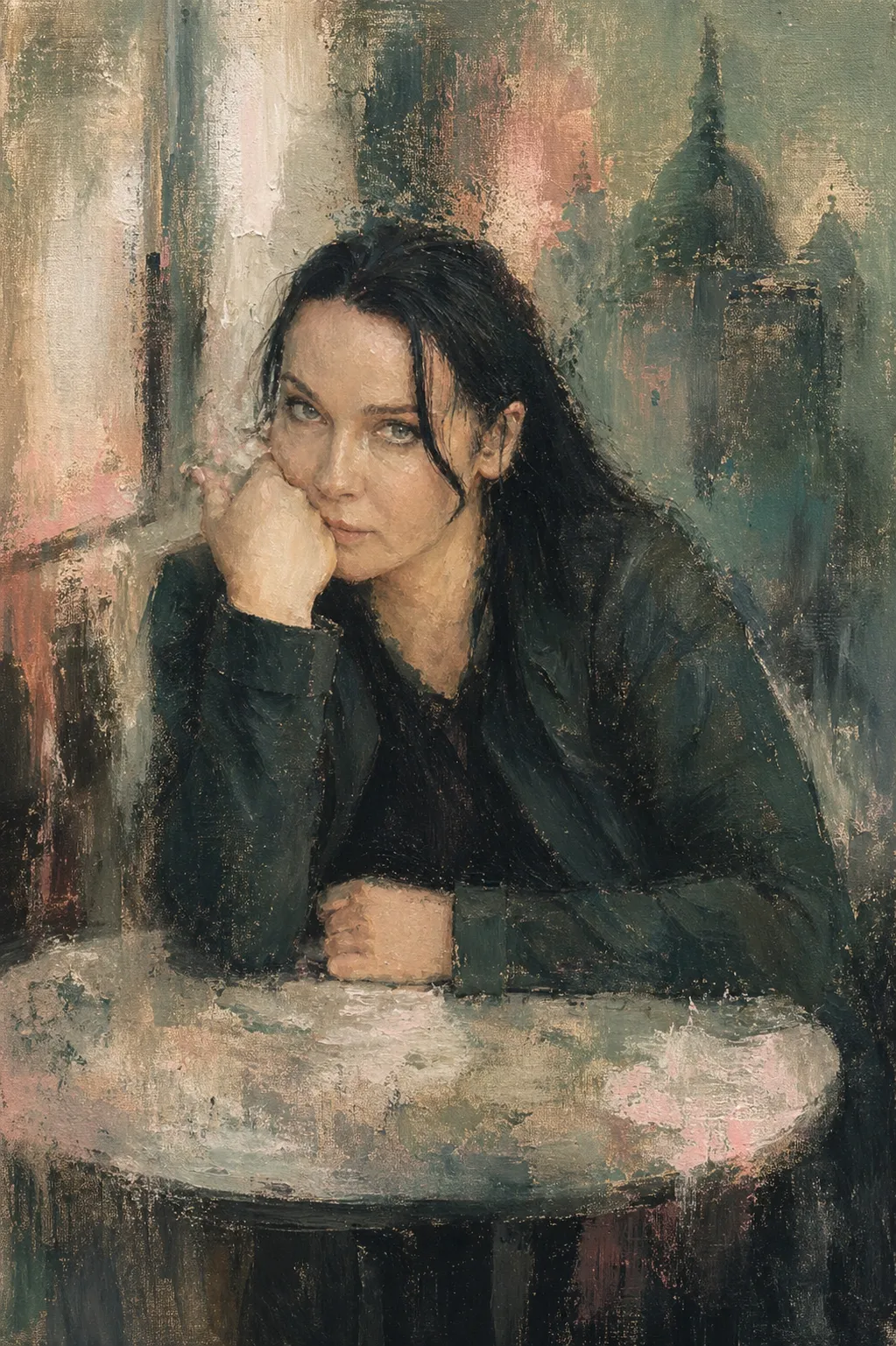 Painter Katya Kossoy in a mirage-like studio portrait.